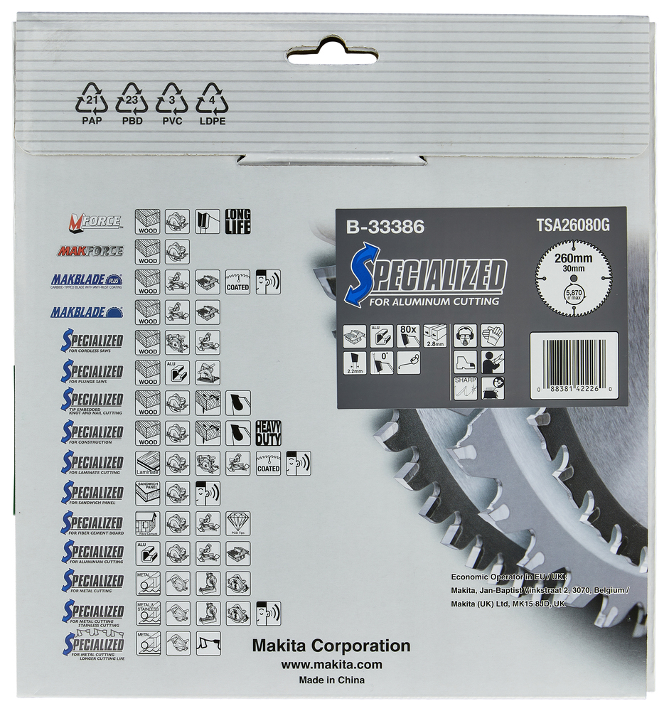 Lame De Scie Circulaire Makita 260 Mm - Alésage 30 Mm - 80 Dents - Pour Métaux Non Ferreux Et Plastiques - Réf. 33386