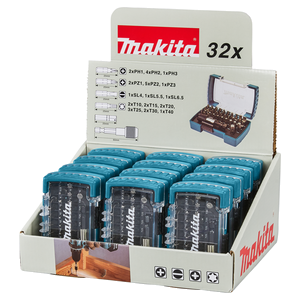 Makita Estuche de puntas con 2 adaptadores, 32pcs, (12 estuches en expositor) · D-74762-12